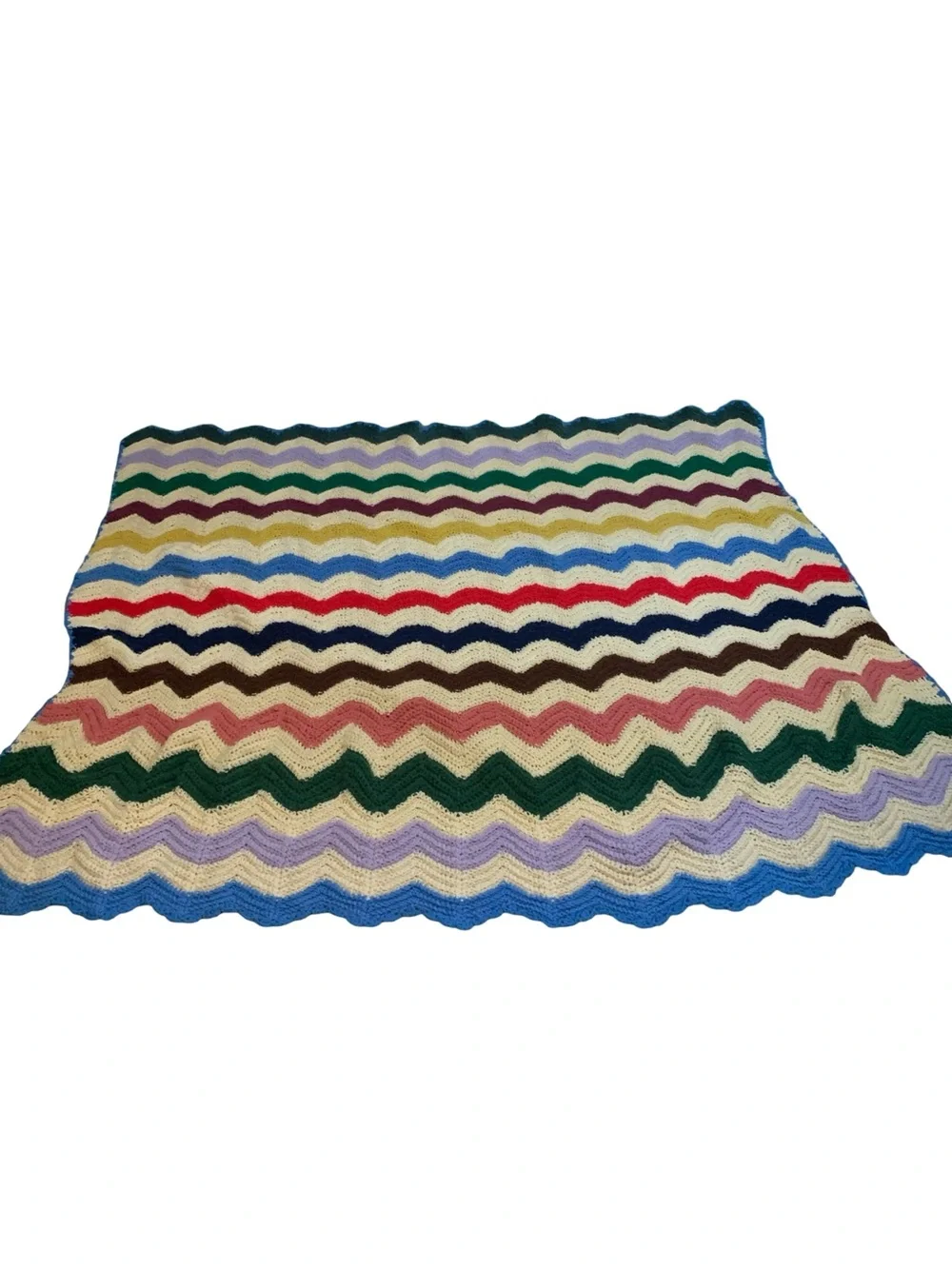 VTG Crochet Knit Afghan Throw  Blanket Chevron‎ Zig Zag Rainbow Stripes